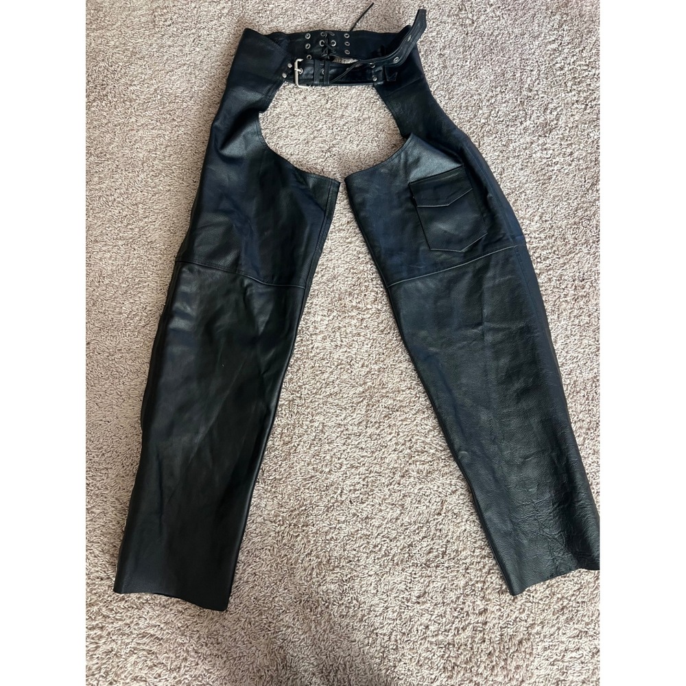 Men's Black Leather Motorcycle Chaps with Buckle Waist